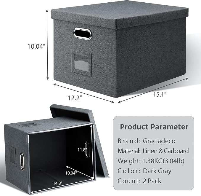 Graciadeco File Organizer, Collapsible Storage Filling Box with Lid for Letter Legal Size Hanging Folders Decorative Linen File Folder Box Document Storage Filing Bin, Dark Gray 2 Pack