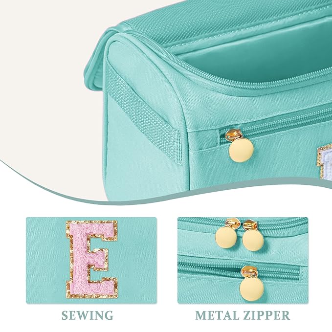 COSHAYSOO Initial Girls Hanging Travel Toiletry Bag Traveling Size Skincare Toiletries Bags Teen Girl Trip Gifts Favors, Summer Fall Camp Essentials for Teenage Sleepaway Sleepover Teal Blue Letter E
