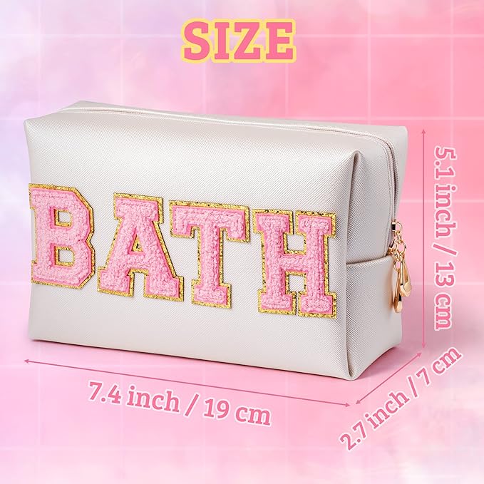 Y1tvei Preppy Patch BATH Letter Cosmetic Toiletry Bag PU Leather Portable Makeup Bag Sewn with Felt Varsity Letter Patches Waterproof Zipper Pouch Travel Organizer for Women Girls Teen(Shell Gold)
