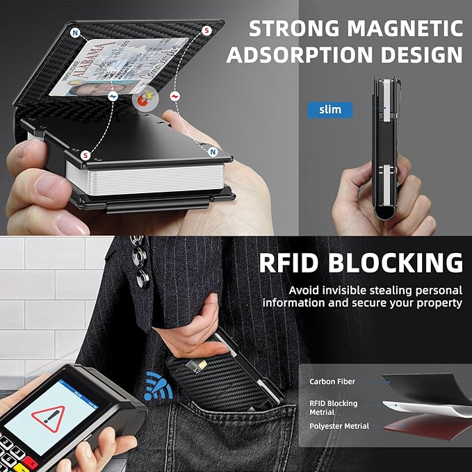 Men Wallet - Money Clip Wallet Slim For Gift Men in Front Pocket 15 Cards - Metal Credit Card Case in Magnetic Flip