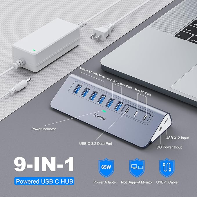 Powered USB Hub 10Gbps, intpw YH6AC 9-Port USB Splitter with USB A/USB C 3.2, 4 USB 3.0, 2 PD 45W Charging Ports, 65W Power Adapter + 3.3FT Cable, Aluminum USB Extender Hub for Laptop, PC,iPhone 17/16