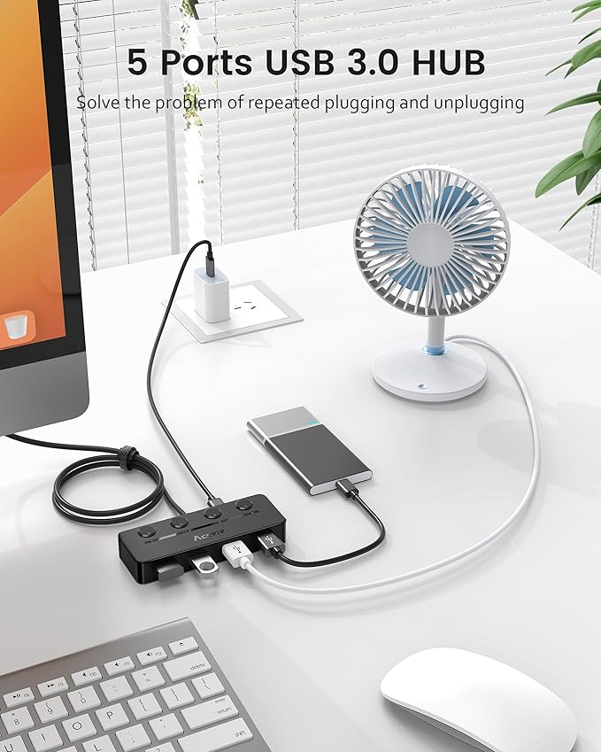 Aceele USB C Hub, USBC to 4-Ports USB 3.0 Hub with Type C Power Port and Individual On/Off Switches, 5Gbps USB C Splitter with 3.3ft Long Extender Cable Compatible for Laptops, MacBook Pro/Air