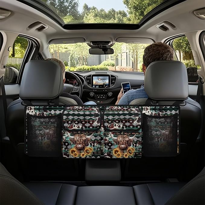 Aztecs Highland Cow Car Hanging Trunk Organizer,Sunflowers Waterproof Oxford Cloth Backseat Hanging Organizer,Universal Car Accessories