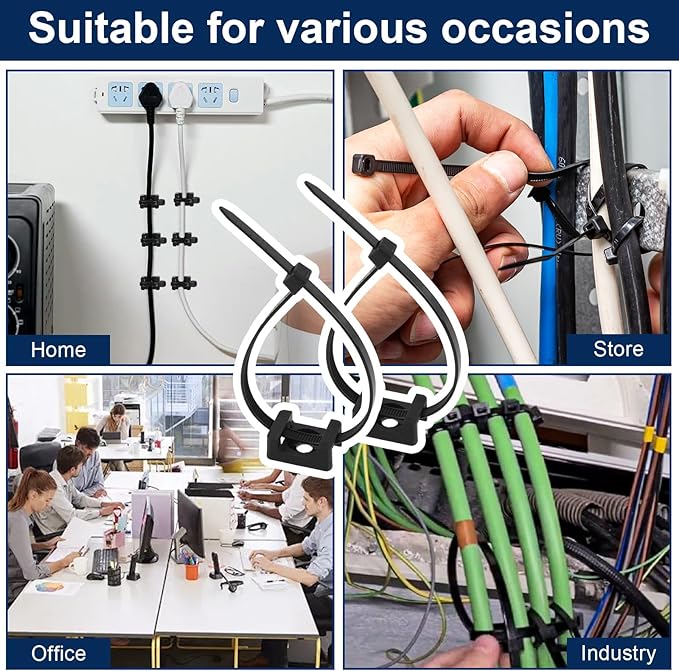 Premium Cable Zip Tie Mounts Kit - 60 Packs Wire Management Holder & Cable Clips, 8" High-Strength Nylon Ties & 5M Screws, Heavy Duty Fasteners for Wall/Desk, Indoor & Outdoor Cable Organizer