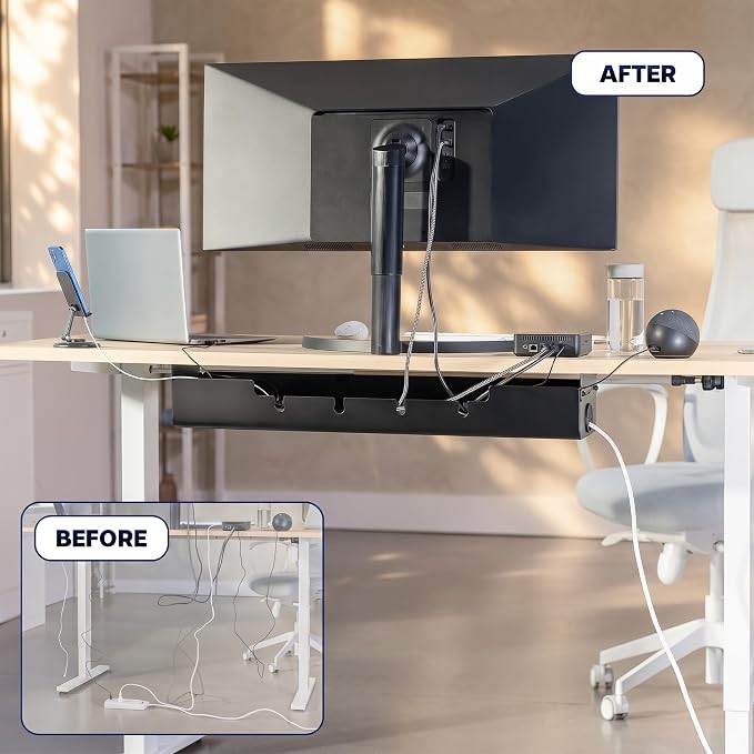 VIVO 35 inch Screw-On Under Desk Cable Management Box with Flip-Open Lid, Easy-to-Open Steel Cord and Power Strip Organizer, Cable Organizer Tray, 11 lbs Capacity, Black, DESK-ACMB35-S