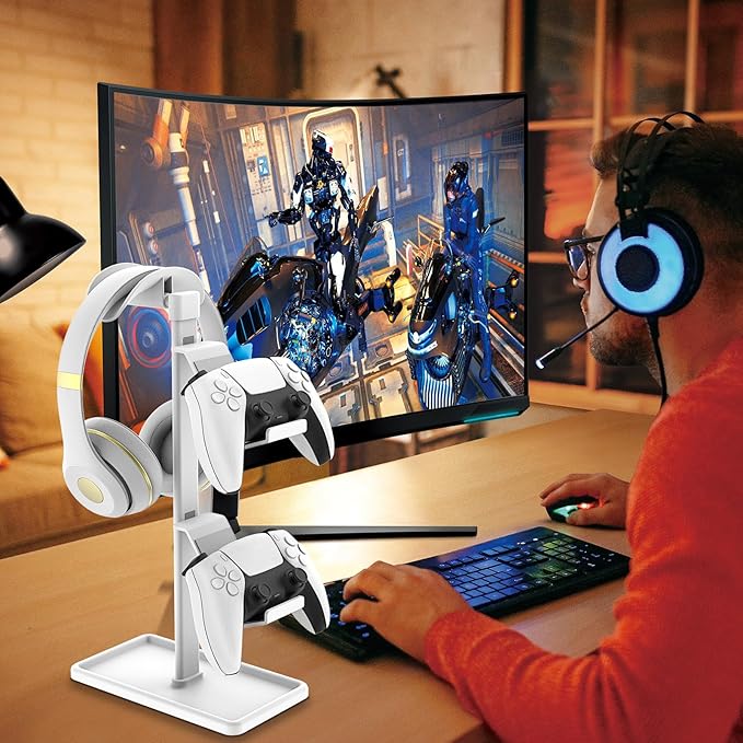 Controller Holder, Headphone Stand, Gaming Controller Stand for Xbox PS5 PS4 Switch, Headset Holder with Storage Organizer, Universal Desk Game Accessories (White)