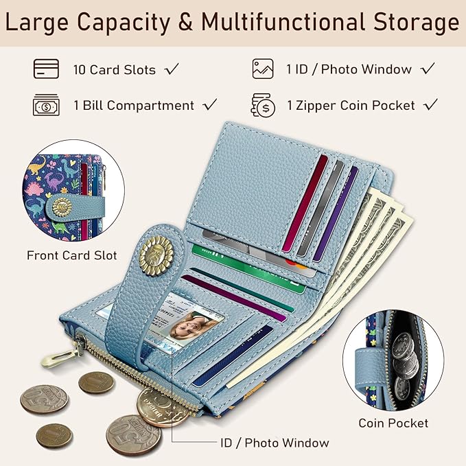Kelvoris Cute Dinosaurs Small Rfid Women Wallet Bifold Zipper Coin Pocket PU Leather Compact Cash Credit Card Holder Travel Wallet for Female Ladies Teen Girls 1 ID Window 10 Card Slots