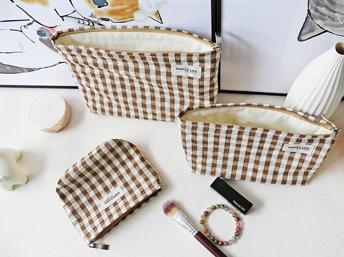 HAPPYHEIDI Nylon Checkered Makeup Bag Set 3 with Pocket Cosmetic Toiletry Travel Pouch, Small Accessory Organizer Bag, 3-Size, Brown, Large Medium Small, Lined, Lightweght