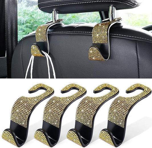 LivTee Car Seat Headrest Hook, Auto Seat Hook Hangers Storage Organizer Interior Accessories for Purse Coats Umbrellas Grocery Bags Handbag, 4-Pack(Bling Gold)