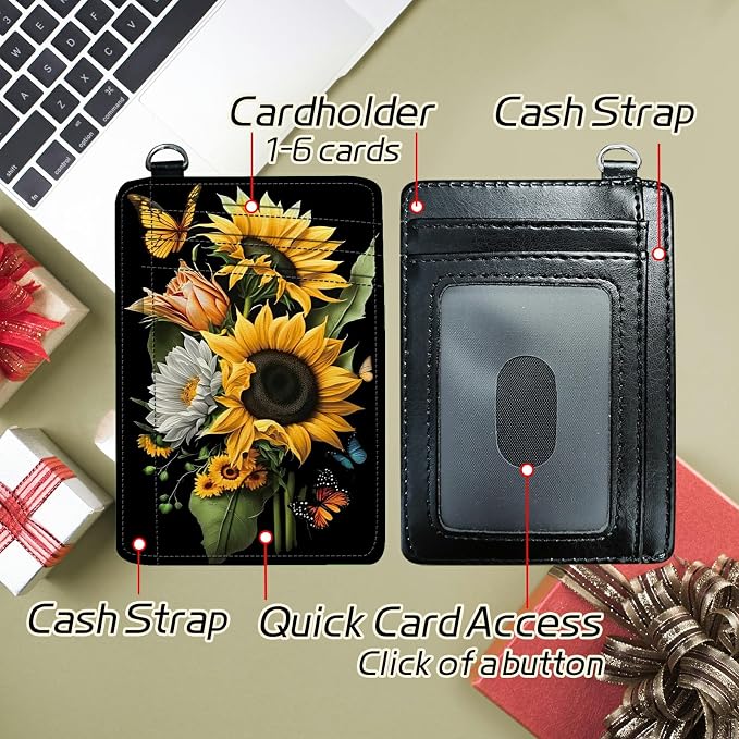 Small Travel Wallets, Sunflowers Butterfly Slim Minimalist Front Pocket Wallet with Wristlet, RFID Blocking PU Leather Credit Card Holder with ID Window Change Purse for Men Women