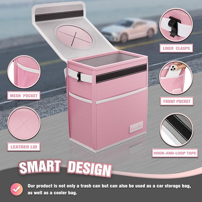 K KNODEL Waterproof Car Trash Can with Lid, Leak-Proof Garbage Bag, Hanging Bin for Women (Pink, Medium)