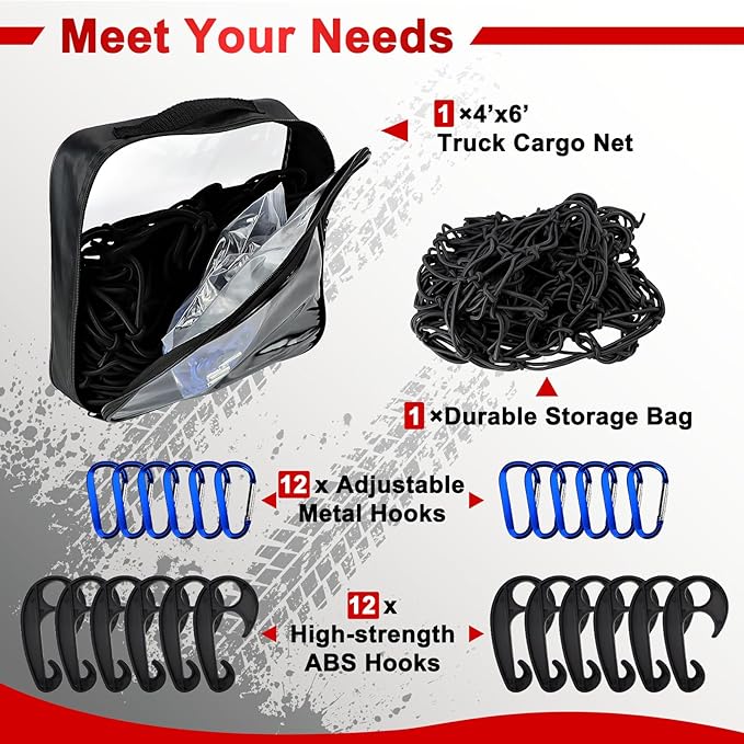 4’x6’ Truck Cargo Net Expands to 8' x 12' with 4"x4" Mesh Grid Super Duty Bungee Heavy Duty Bed Netting for Truck Bed Stretches with 12 Adjustable Metal Carabiners by Cenipar
