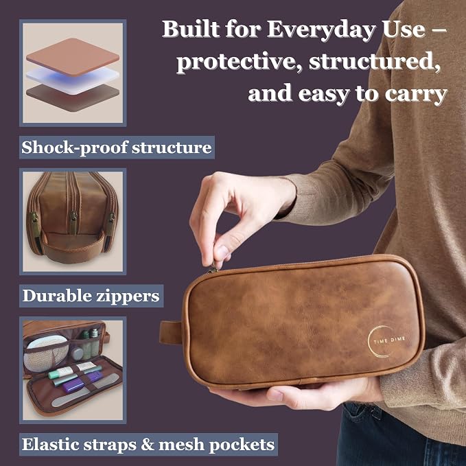 Premium Men’s Toiletry Bag with Drawstring Pouch – Durable Water-Resistant Leather-Look Travel Organizer for Shaving, Grooming & Hygiene Essentials (Light Brown)