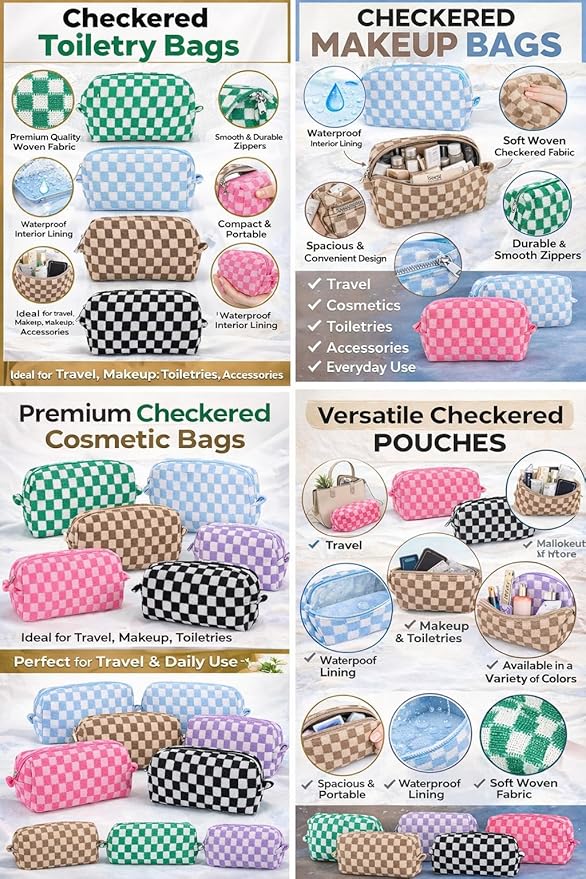 HERGÉ Checkered Makeup Bags, Small Cosmetic Pouches with Zipper, Travel Storage Cases, 6 Pack