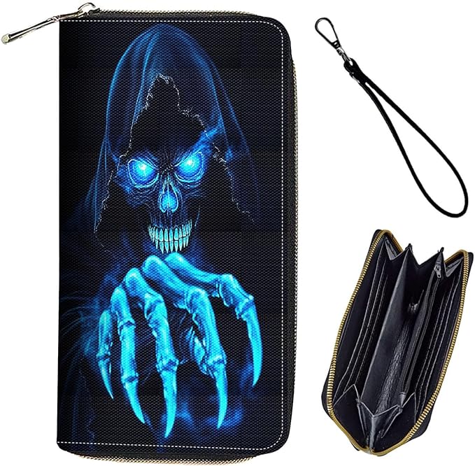 Bxgolkgd Womens Wallet, RFID Blocking Leather Wallet,Large Capacity Wallet Credit Card Holder PU Leather Ladies Clutch with Zipper Coin Pocket - Skull Wizard