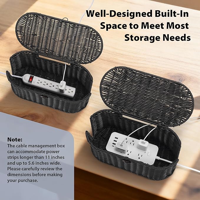 Handwoven Rattan Style Cable Management Box, Cord Organizer with Outlet Covers, Cord Hider Box for Power Strips, Cable Tidy Box for Desk, Floor and Home Organization