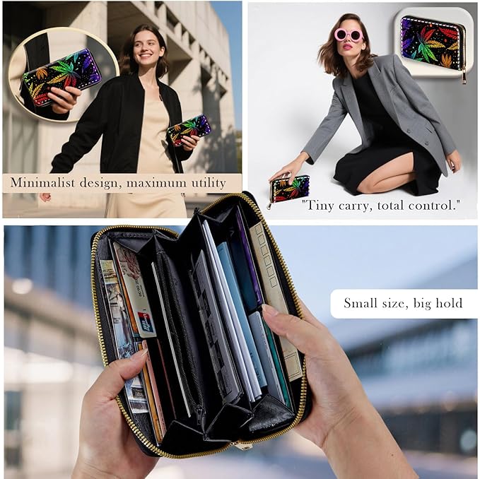 Zip Around Wallets for Women with Detachable Wrist Strap, Large Capacity RFID Blocking Leather Purse Organizer Card Holder Wristlet,Psychedelic Weed Leaf