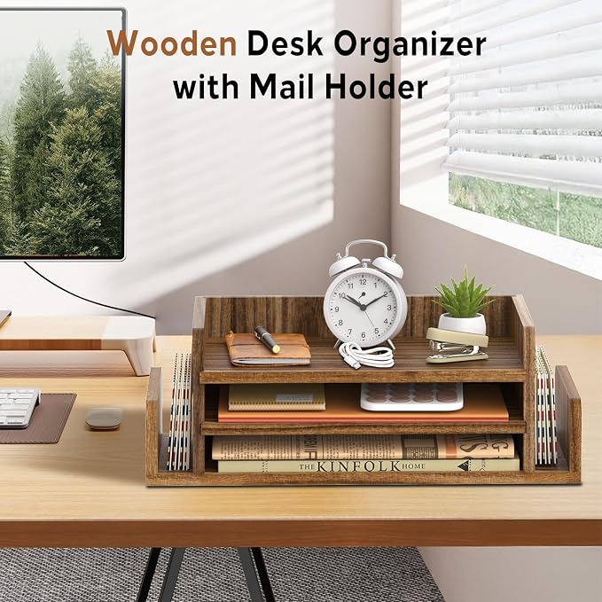 SUPEASY Wooden Desk Organizer, 3-Tier Letter Tray File Organizer with Dual Side Mail Sorter, Solid Wood Desktop Paper Organizer for Office, Home Office, Classroom（Dark Brown）