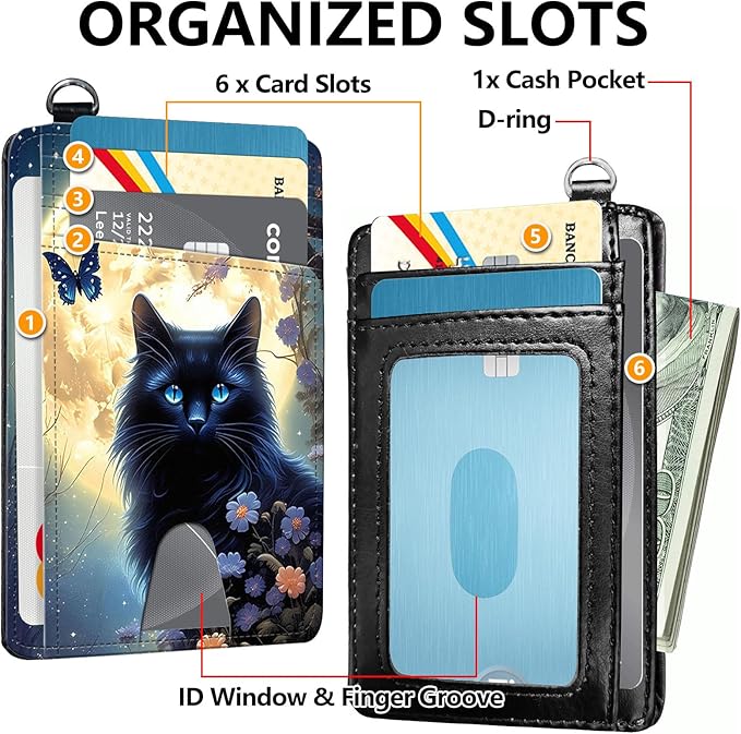 Slim RFID Blocking Card Holder Wallet with Wrist Strap - Minimalist Front Pocket Wallet, Black cat Moon Design, PU Leathe, for Men & Women, Ideal for Travel & Gifts