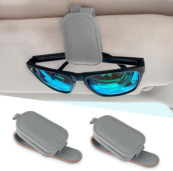 LTOHOE 2 Pack Sunglass Holder for Car, Magnetic Leather Sunglasses Holder and Ticket Card Clip, Universal for Different Size Glasses, Car Visor Accessories(Grey)