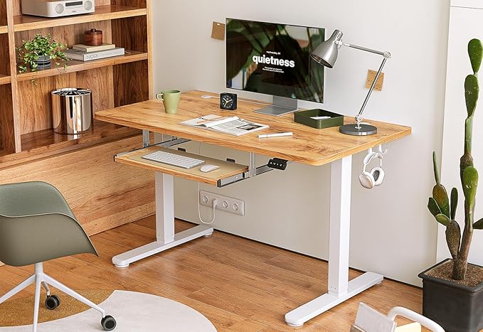 FEZIBO Standing Desk with Keyboard Tray, 60 x 24 Inch Adjustable Height Sit Stand Desk with Memory Presets for Home Office, Ergonomic Computer Workstation, Light Rustic