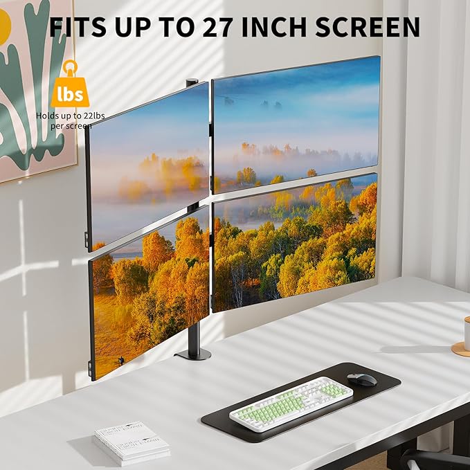 Quad Monitor Mount, Heavy Duty Adjustable 4 Monitors Desk Stand for 13"-27" Screen, Holds Up to 22lbs per Arm with C Clamp/Grommet Base