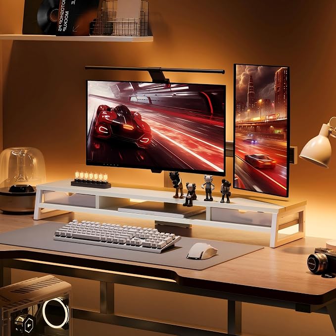 Fenge Dual Monitor Stand, Monitor Riser with Drawer, 42.5 Inch Large Computer Monitor Stand for 2 Monitors, 2 Tier Wooden Desk Shelf for Top of Desk