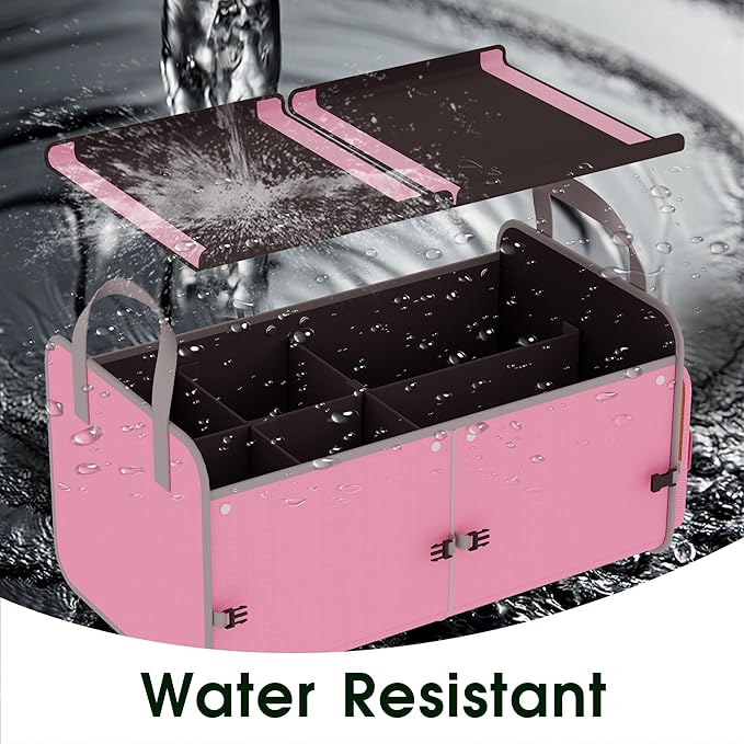 SugarFox Car Trunk Organizer for SUV, 70L Heavy Duty Waterproof Trunk Organizer, Foldable Vehicle Organizer with Anti-Slip Base, 24”x13.8”x11.8”, Pink-M003