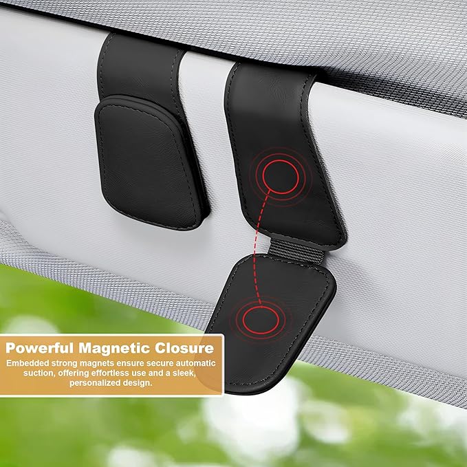 2 Packs Sunglass Holder for Car, Magnetic Leather Car Sunglass Holder, Visor Sunglasses Holder Clip, Sunglasses Clip for Car Visor, Sunglass Holder for Different Size Eyeglasses (Black)