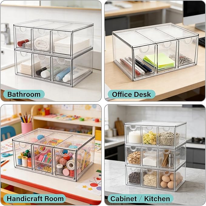 Prsildan Acrylic Makeup Organizer, 2 Pack Stackable Storage Drawers with 6 Drawers for Office Desk Vanity Craft Room Clear Drawer Organizers for Hair Accessories Art Supplies Cosmetics Modular System