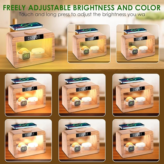 Bamboo Wireless Charging Station for Multiple Devices, with Night Light and Alarm Clock, 3 in 1 Charging Station for Apple Devices, Multi Charger Station for iPhone/iWatch/AirPods Pro
