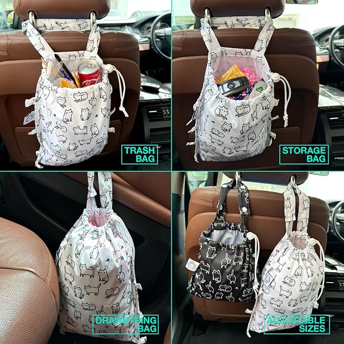 FLOCK THREE Leak-Proof Waterproof Car Trash Bag Foldable Multipurpose Trash bin Container Storage Cute Grocery Organizer Bag for Automotive Front or Back Seat in Cars SUVs and Trucks (White cats)