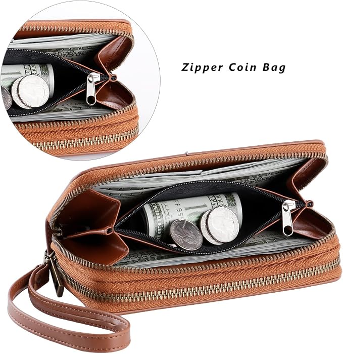Cellphone Wallet for Women Dual Zipper Long Purse with Removable Wristlet