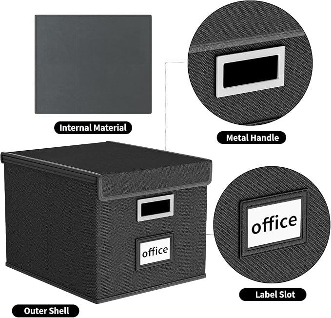 File Organizer Boxes with Lids, Collapsible Linen Hanging Filing & Storage Boxes with Plastic Slide for Office/Decor/Home, Filling System for File/Folders/Document Storage -2 Pack