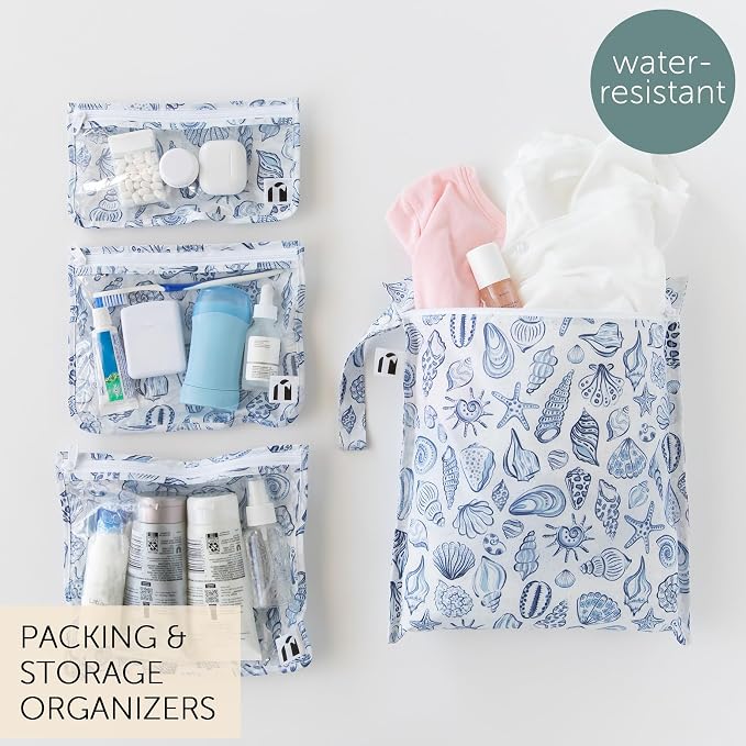 Bumkins Roamio Wet Bag and 3-Pack Clear-Sided Travel Pouches, Waterproof Fabric Organizer for Toiletries, Gym Clothes, Swim Gear, Shoes, Accessories, TSA Compliant Packing Set, Blue Shells 4-pc Set