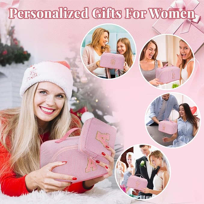 2026 Graduation Gifts - Travel Makeup Bag for Women, 2Pcs Portable Personalized Initial Makeup Organizer Bag, Open Flat Large Cosmetic Bag With Travel Essential Pouch (Pink Letter W)