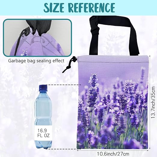 Car Garbage Bag Purple Lavender Flowers Drawstring Car Trash Bag Hanging for Back Seat with Adjustable Buckle Canvas Vehicle Trash Can Easy-to-Install