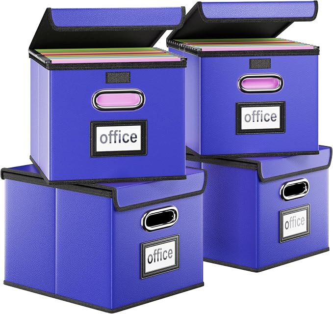 Decorative Leather File Organizer Storage Boxes with Lids Set of 4, Document Boxes Organizer, Filing Boxes, Decorative Small File Boxes for Hanging Files, File Cabinet for Office/Home - 4 Pack