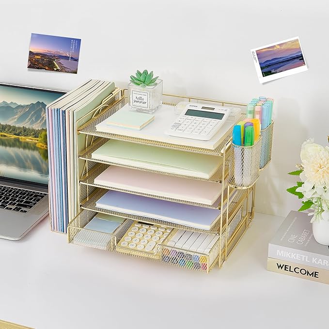 OPNICE Desk Organizer, 5-Tier Paper File Organizer with Drawer & Pen Holder, Office Desk Accessories, Workspace Desktop Organizer for Office Supplies(Gold)