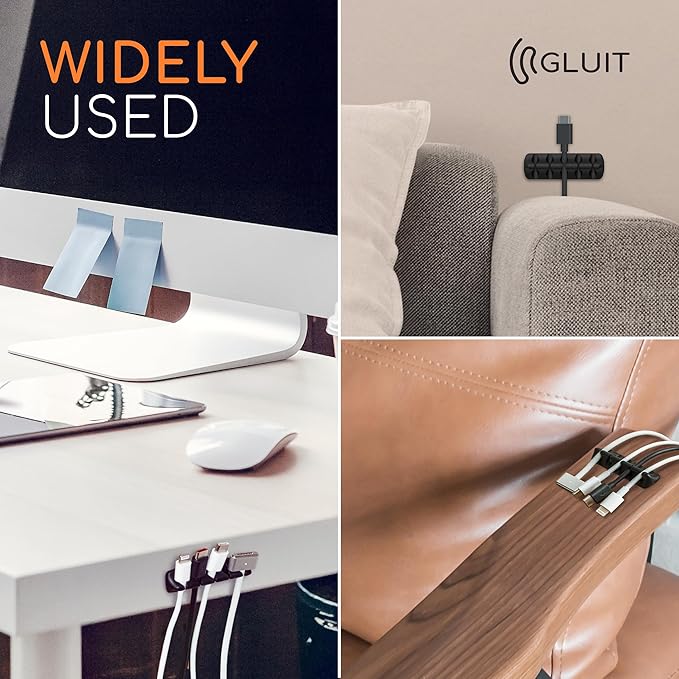 GLUIT Cord Organizer for Desk, Cable Holder for Nightstand, Charger Organizer, Adhesive Desktop Wire Clips, Multislot Cable Management, Table Organizer Accessories - 5 Pack, 15 Slots, Black