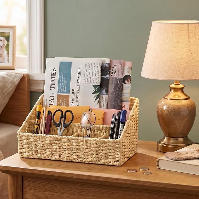 Rattan Mail Organizer - Countertop, Desk, Bills, Woven Basket, Magazine Holder, Mail Sorter, Hobo Organizer，Beige