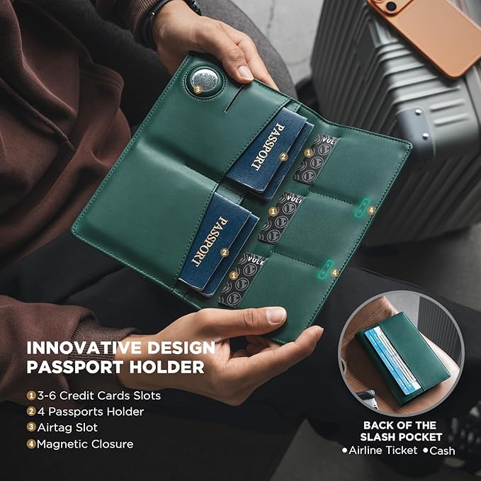 VULKIT Family Passport Holder for 4 Leather Passport Wallet with Airtag Slot Multiple Passport Holder RFID Blocking Bifold Travel Documents Organizer