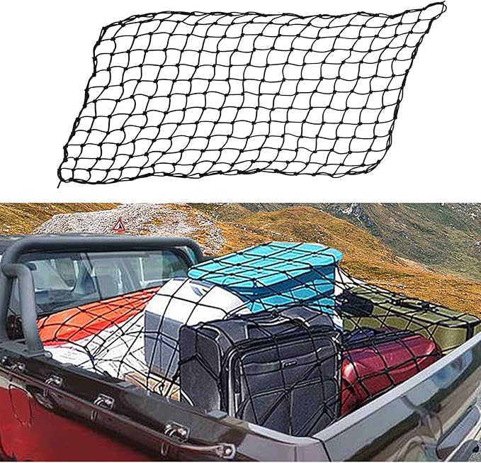 Cargo Net for Pickup Truck Bed 2 X 3 Foot Stretches to 4 X 6 ft, Heavy Duty Truck Bed Net with 3”x3” Small Mesh & 10pcs Carabiners Hooks Compatible with Ford, Dodge RAM, Chevy, Toyota