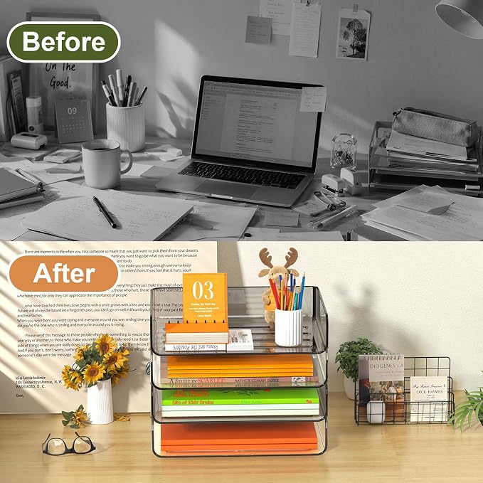 FANXIYQ 4-Tier Acrylic Paper Tray Organizer, Clear & Brown Stackable Desk File Organizer for Documents, Mail, Homework & Notebooks, Decorative Letter Tray for Home Office, Classroom & Study Desk