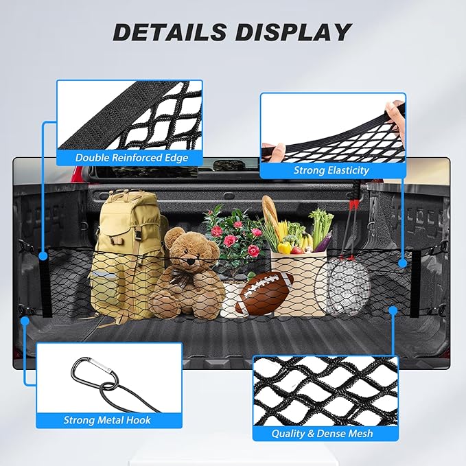 Karltys Truck Bed Cargo Net for 2023-2025 2026 Chevy Colorado and GMC Canyon Accessories, Envelope Style Pickup Cargo Net Chevrolet Colorado Trunk Net Organizer with Hooks