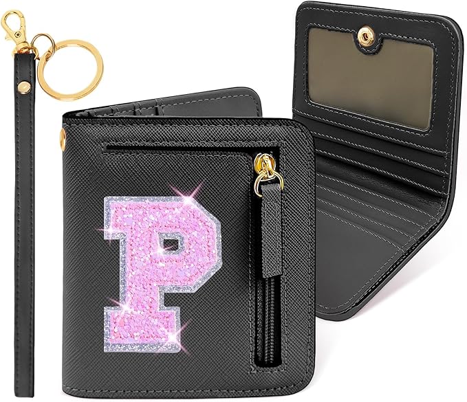 COSHAYSOO Mini Wallet with RFID Blocking Initial Monogrammed for Girls Birthday Valentines Easter Mothers Nurse Day Graduation Thanksgiving Appreciation Halloween Christmas New Year Gifts Black P