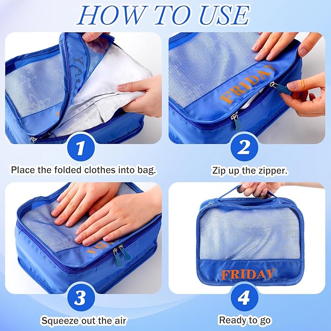 Days of Week Packing Cubes Weekly Organizer Travel Storage Bag School Clothes for Kids Summer Camp Family(9x7x3inch,Blue,15)