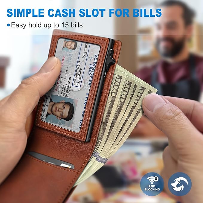 Wallet for Men, Slim Pop Up Card Holder with RFID Blocking, Minimalist Bifold Wallet with 9 Card Slots, ID Window and Cash Pocket, Metal Flip Case with Magnetic Closure, Gift Box