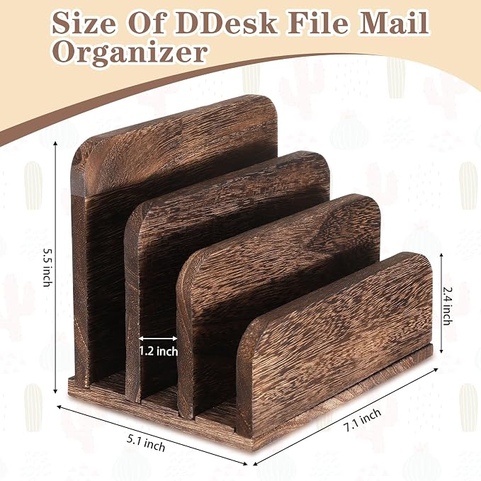 Briwooody Wooden Mail Organizer 3 Slots Mail Holder for Desk Wood File Paper Letter Holder for Letter Envelope Filing Cell Phone Document Storage, Organizer Tray for Office and Home(Dark Brown)