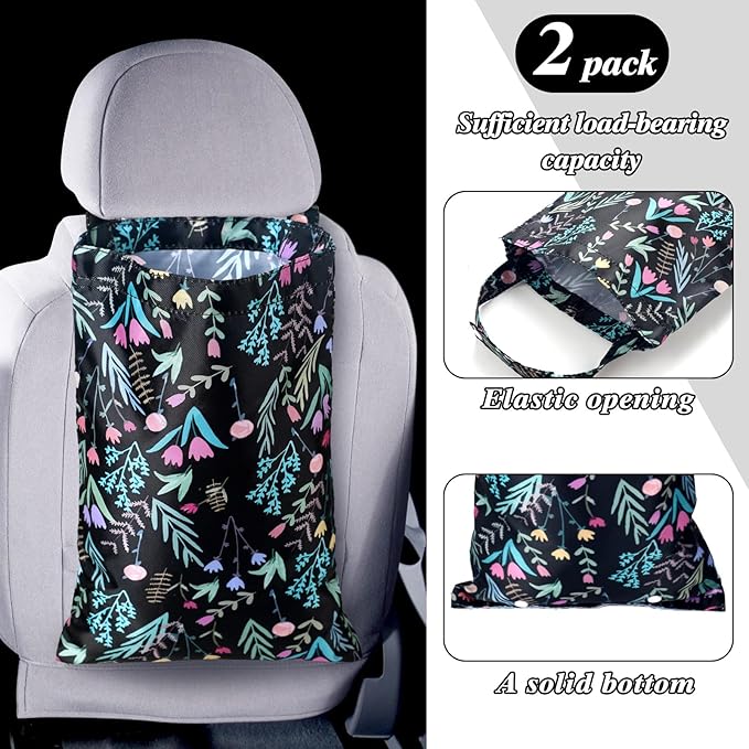 2 Pcs Hanging Car Trash Bag Collapsible Garbage Can Waterproof Small Trash Can for Woman Back Seat Car Accessories Bag Cute Polyester Bin for Boho Flower Theme Decor